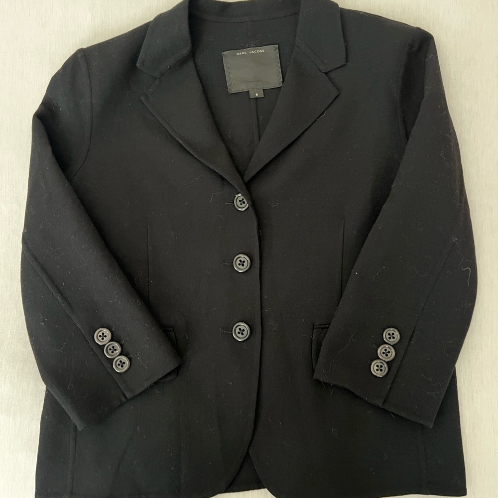 Marc Jacobs Classic Black Blazer with sequin peacock appliqué on back. Size 6